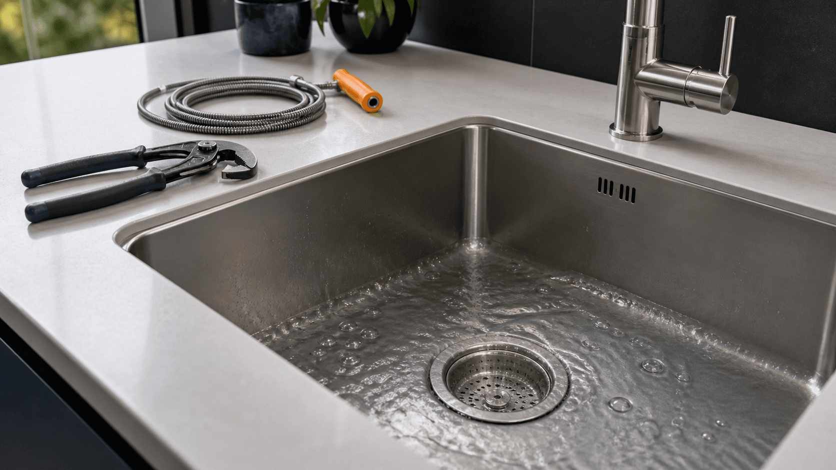 Gros plan d'une bonde d'évier en inox, propre et humide