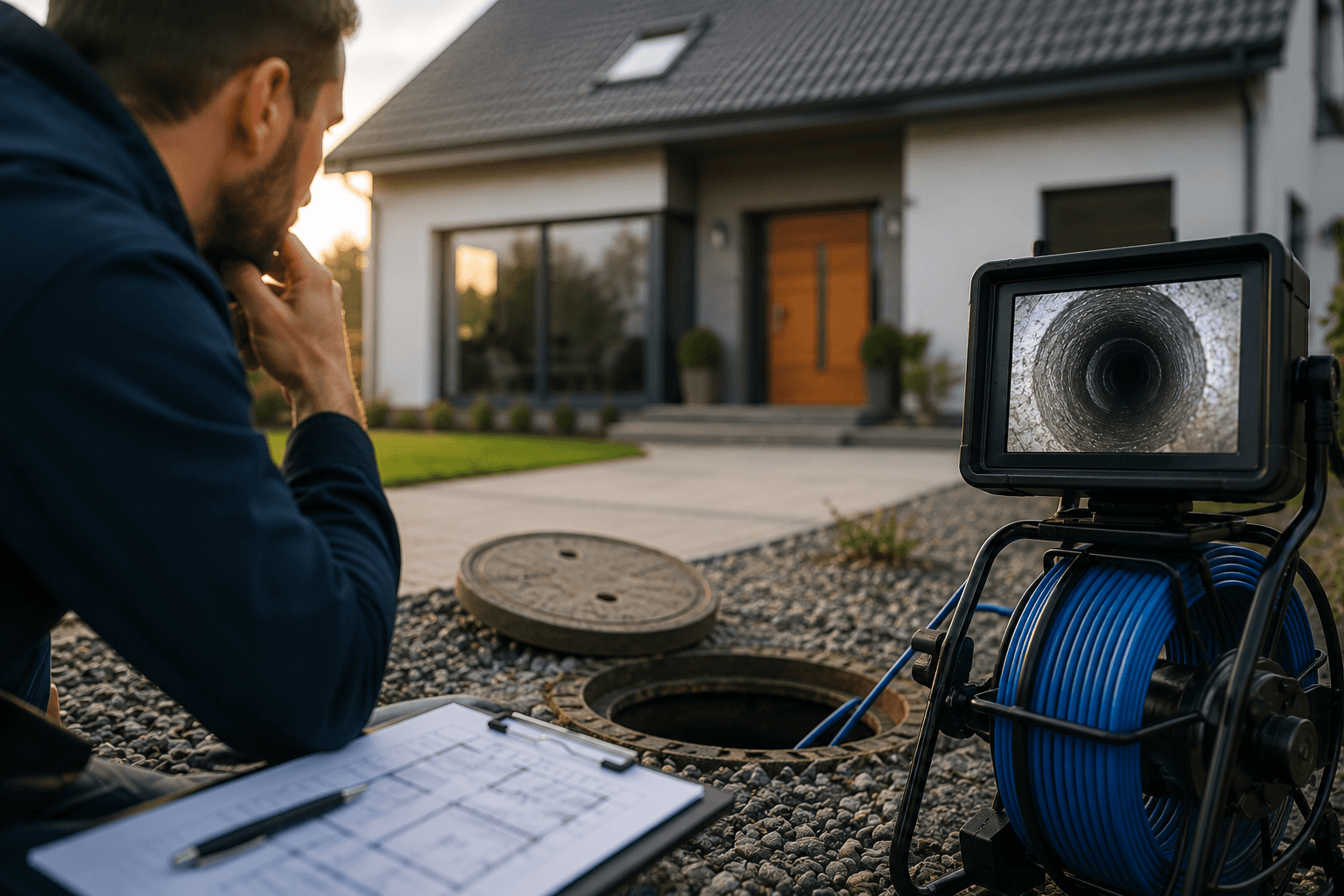 Technicien réalisant une inspection caméra de canalisation devant une maison avant achat